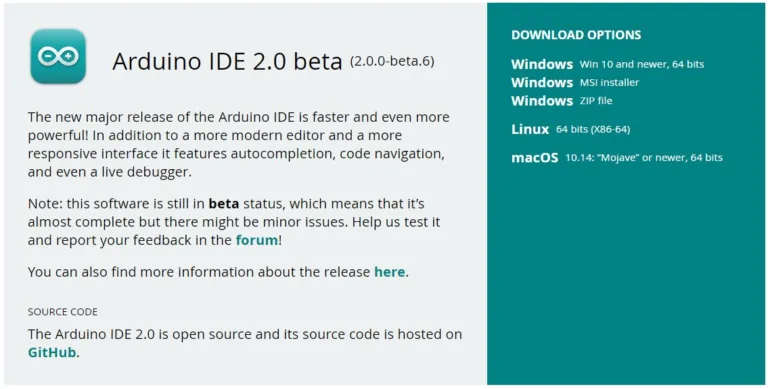 Stránka ke stažení Arduino IDE 2.0 beta 6 s možnostmi pro Windows, Linux a macOS