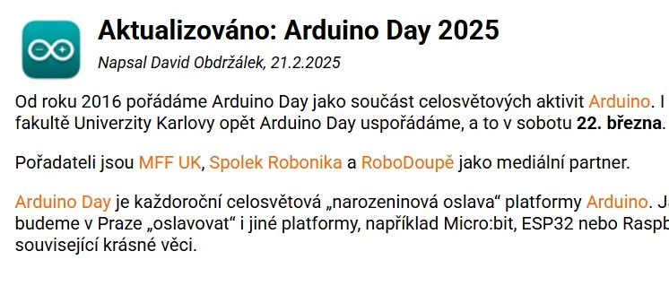 Výřez webové stránky s aktualizací článku o Arduino Day 2025
