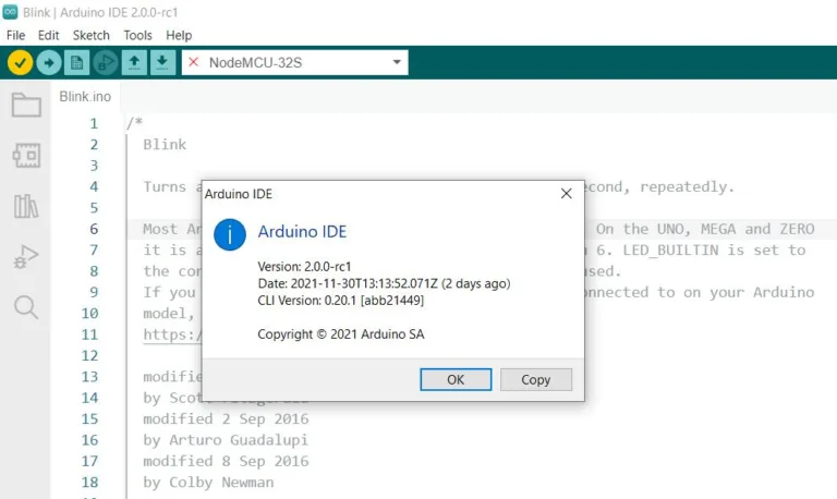 Dialog O aplikaci Arduino IDE zobrazuje verzi 2.0 rc1