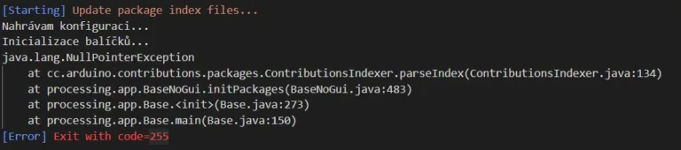 Chybové hlášení při spuštění Arduino IDE: NullPointerException a ukončení kódem 255