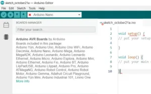 Vývojové prostředí Arduino s otevřeným správcem desek a ukázkovým kódem pro Arduino Nano