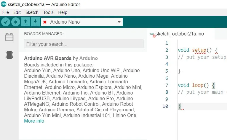 Vývojové prostředí Arduino s otevřeným správcem desek a ukázkovým kódem pro Arduino Nano