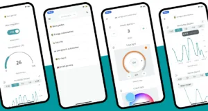 Čtyři obrazovky aplikace Arduino IoT Cloud s ovládáním zařízení a grafy senzorových dat
