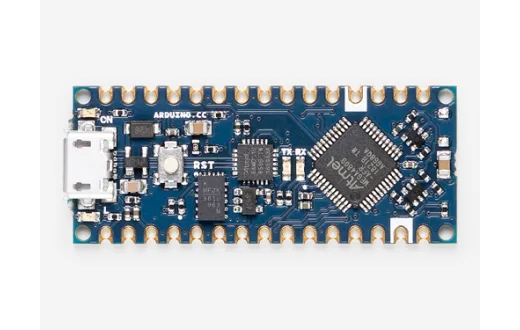 Modrá vývojová deska Arduino Nano Every s USB konektorem a řadami pinů