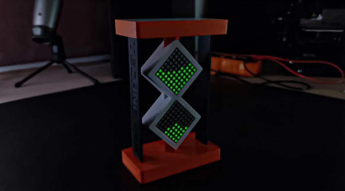 Digitální přesýpací hodiny s maticemi 8×8 zelených LED v 3D tištěném stojanu