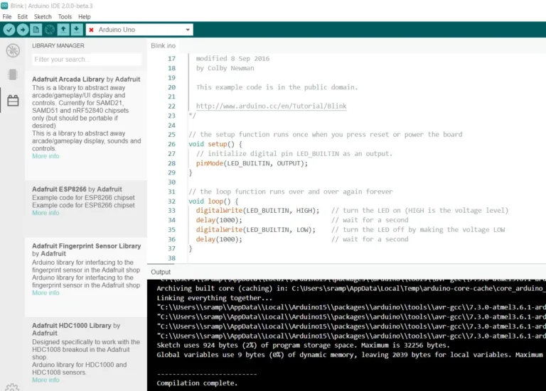 Arduino IDE 2.0 s otevřeným příkladem Blink a správcem knihoven