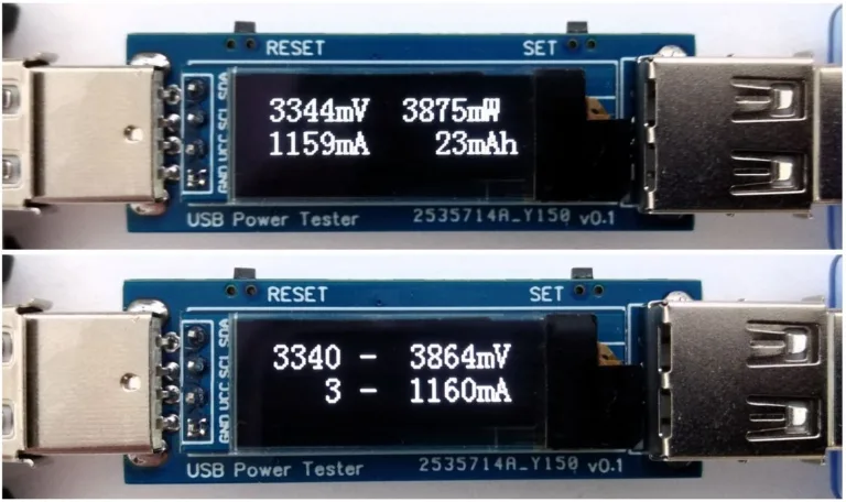 USB tester s OLED displejem zobrazuje naměřené napětí a proud