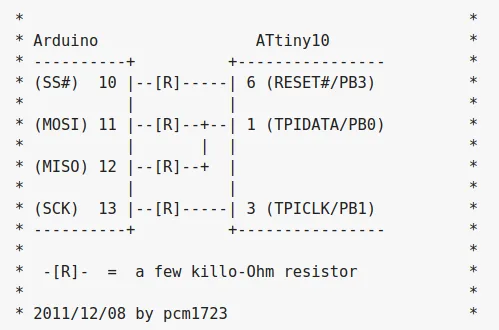 Schéma zapojení Arduino desky jako programátoru mikrokontroléru ATtiny10