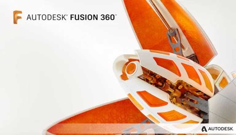 Logo Autodesk Fusion 360 vedle oranžovo-bílé stylizované 3D tiskárny
