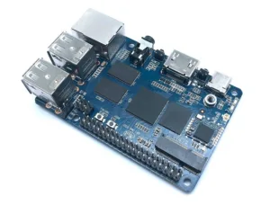 Modrá deska Banana Pi M4 s USB porty, síťovým konektorem a pinovými lištami