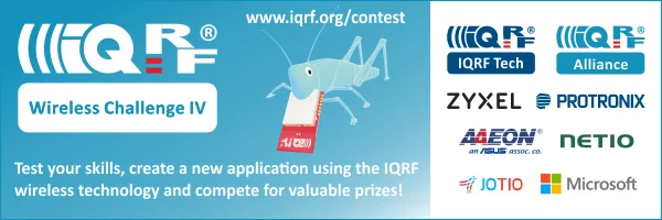 Banner soutěže IQRF Wireless Challenge IV s logy partnerů a výzvou k tvorbě bezdrátové aplikace
