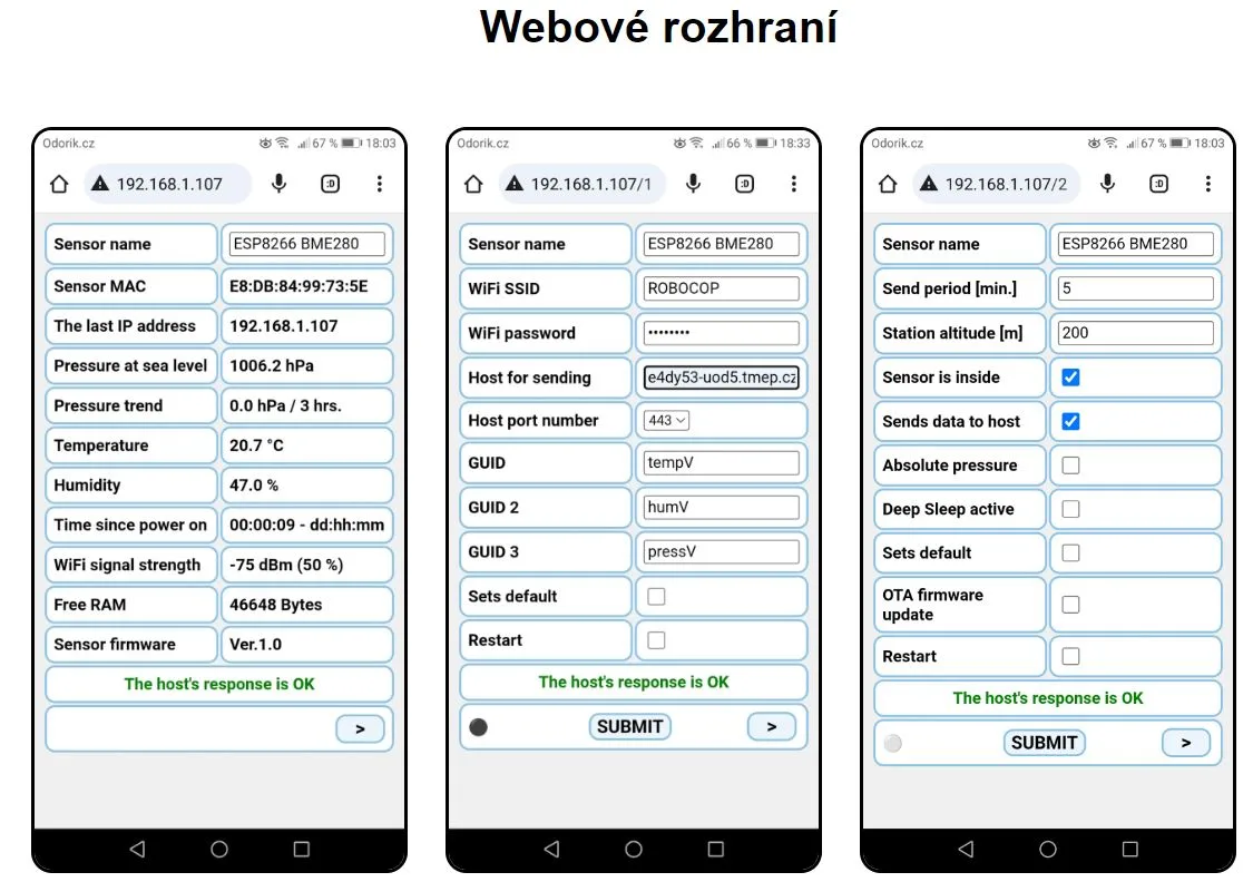 Tři obrazovky webového rozhraní Wi-Fi barometru ESP8266 BME280 s nastavením senzoru