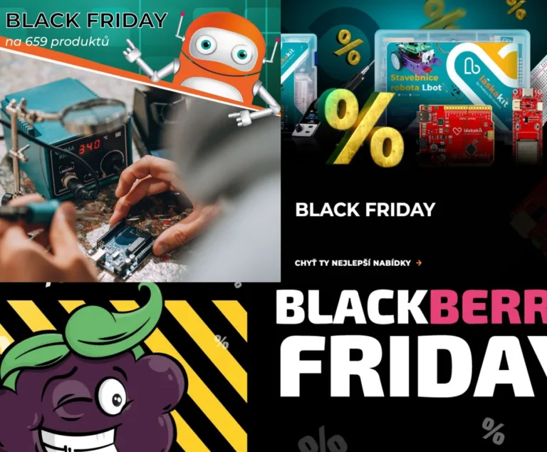 Banner Black Friday s elektronikou, vývojovými deskami a rukama sestavujícími obvod