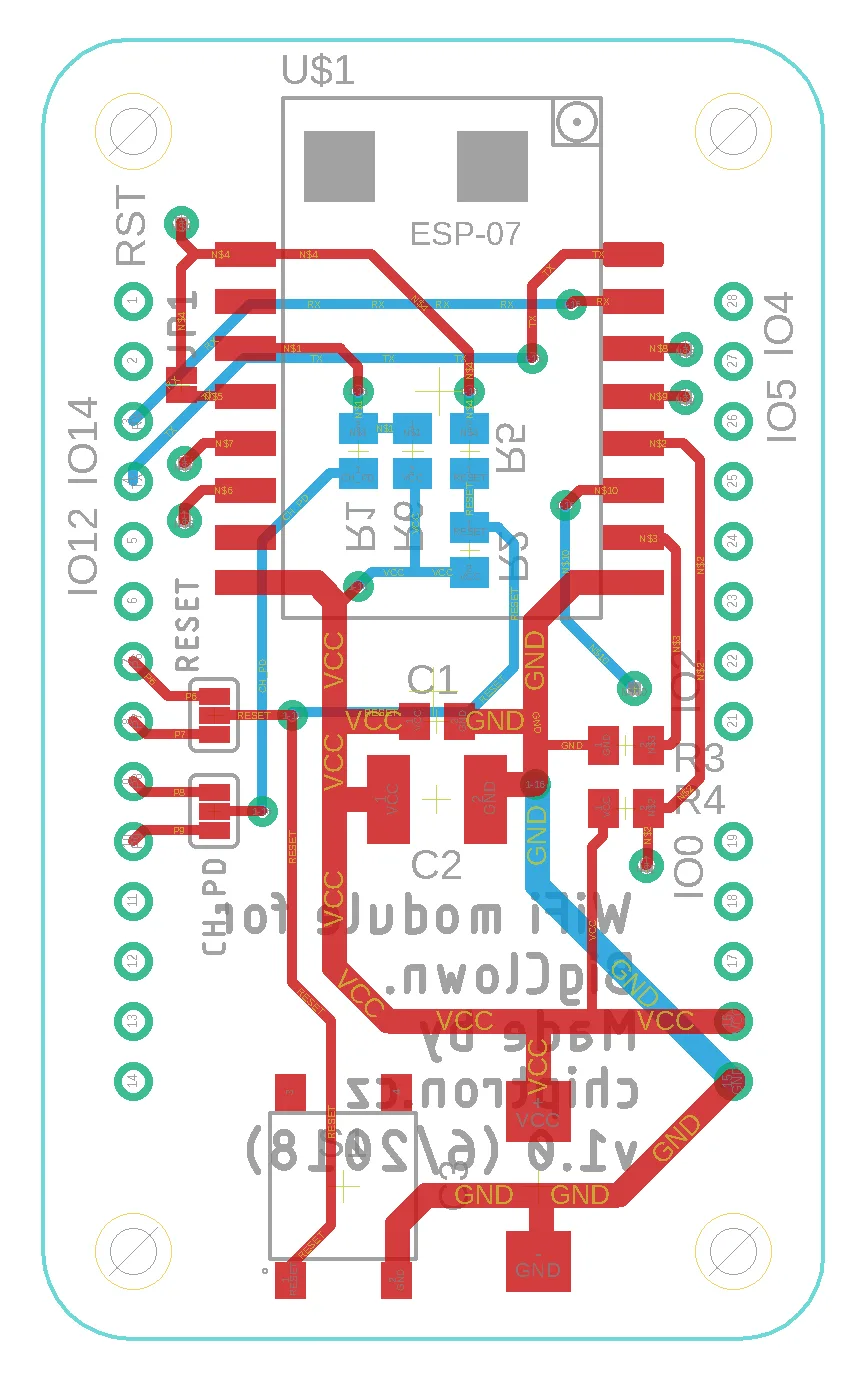 Plošný spoj WiFi modulu BigClown s místy pro ESP8266 a pájecími propojkami