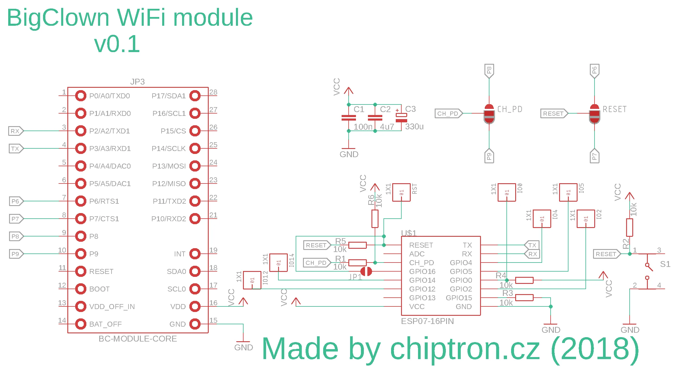 Schéma zapojení WiFi modulu BigClown v1.0 s modulem ESP8266