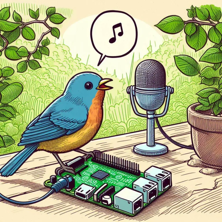 Ilustrovaný pták zpívá do mikrofonu vedle elektronické desky Raspberry Pi