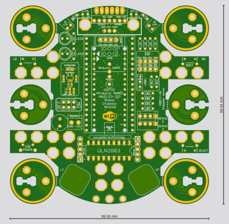 Návrh plošného spoje robota s koly a pozicí pro Arduino Nano