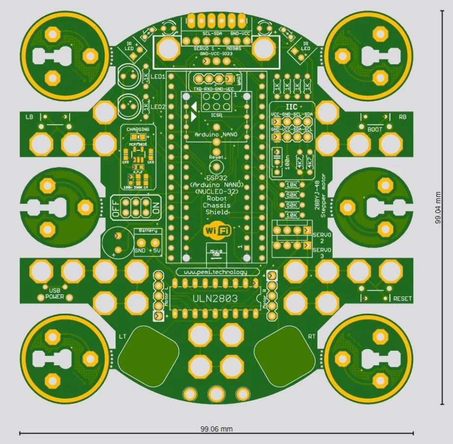 Návrh plošného spoje robota s koly, elektronikou a rozměry 99 × 99 mm