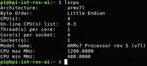 Terminál zobrazuje výpis lscpu procesoru ARMv7 na Banana Pi M2 Berry