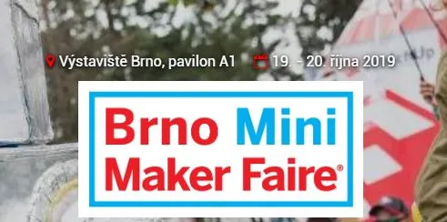 Logo brněnského Mini Maker Faire s červeným a modrým nápisem