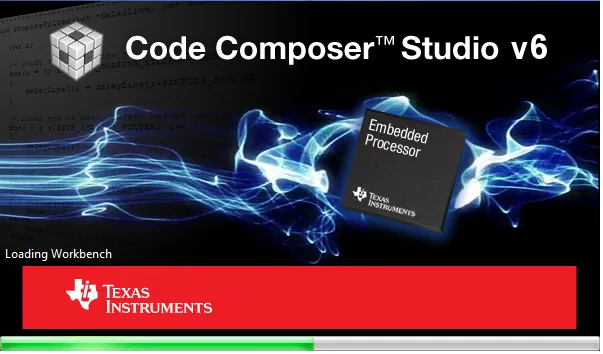 Úvodní obrazovka Code Composer Studio v6 s ukazatelem načítání