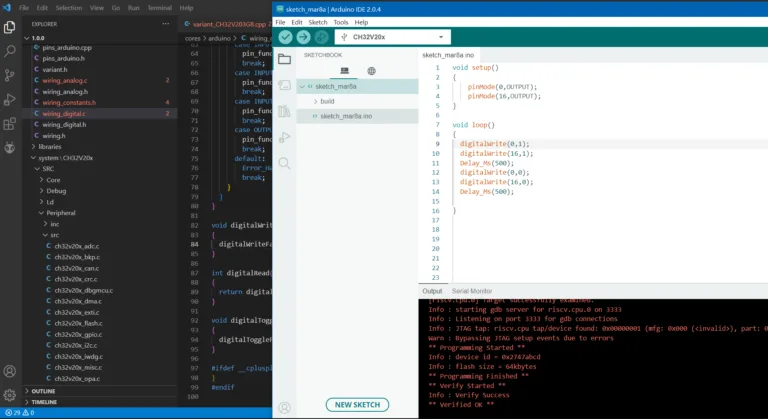 Arduino IDE s otevřeným projektem CH32duino a konzolovým výpisem