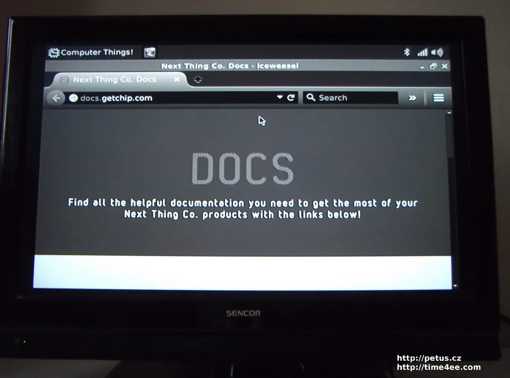 Webový prohlížeč zobrazuje stránku dokumentace Next Thing Co. Docs