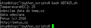 Terminál na CHIP computeru zobrazuje bash skript pro odeslání teploty z čidla AD7415