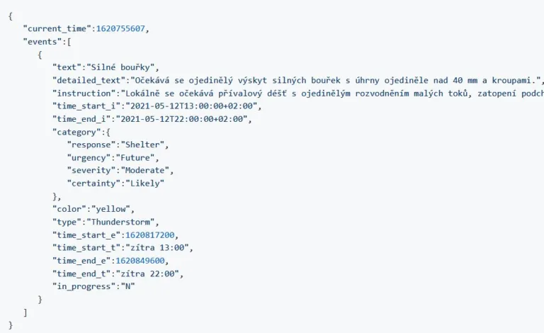 JSON výpis výstrahy před bouřkami s časem, závažností a pravděpodobností
