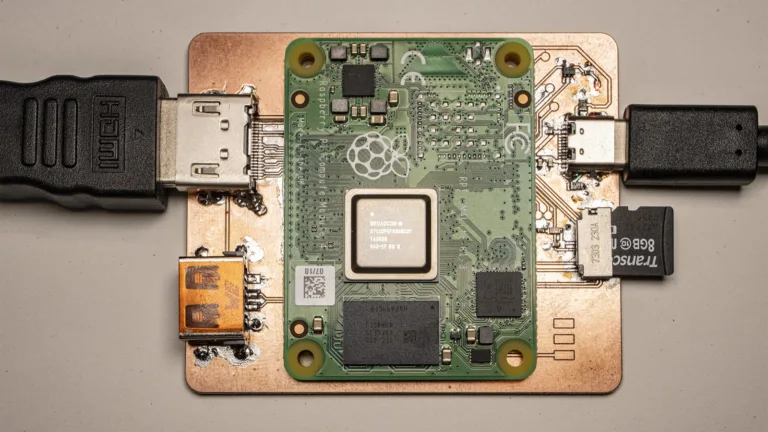Raspberry Pi Compute Module 4 osazený na vlastní základní desce s připojenými kabely