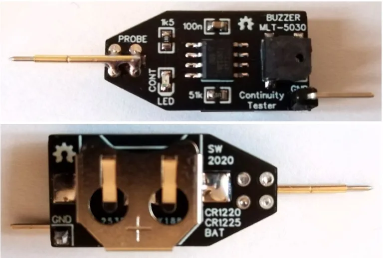 Miniaturní tester vodivosti s ATtiny13 zobrazený z obou stran