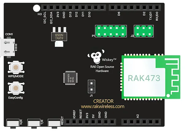 Pinout desky CREATOR PRO s modulem RAK473 a konektory