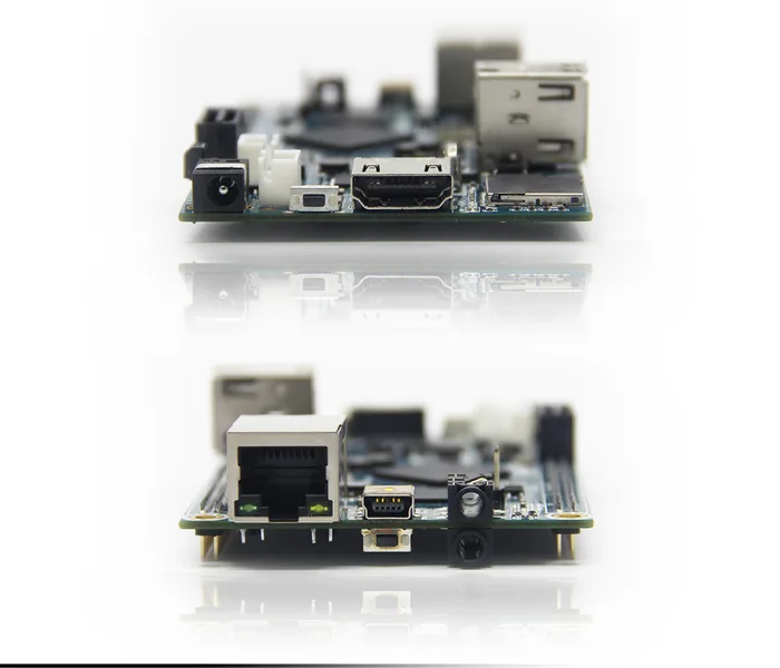 Pohled zepředu a zezadu na jednodeskový počítač CubieBoard6 s konektory