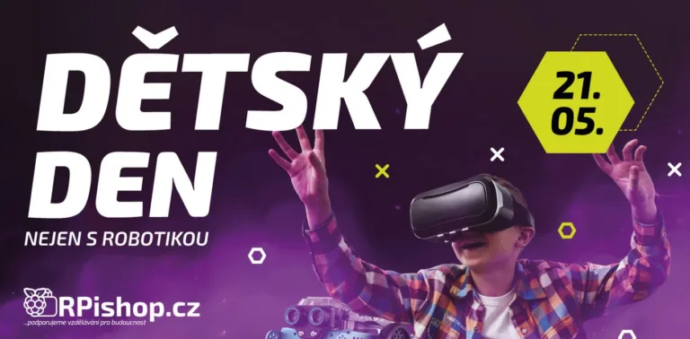 Propagační banner dětského dne s robotikou, logem RPishop a virtuální realitou