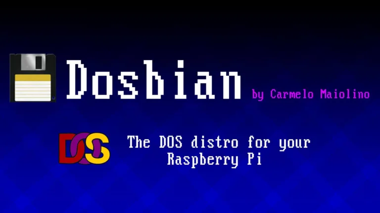 Logo Dosbian s disketou a popisem DOS distribuce pro Raspberry Pi