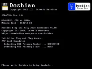 Úvodní obrazovka Dosbianu při spouštění na Raspberry Pi 4B