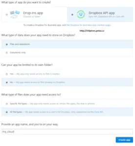 Formulář Dropboxu pro vytvoření aplikace s přístupem ke všem souborům