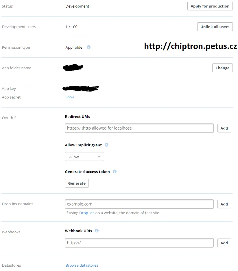Stránka vývojářského portálu Dropboxu s nastavením aplikace a OAuth klíči