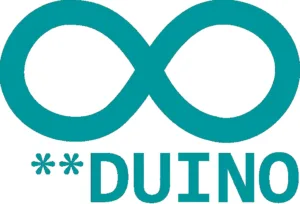 Tyrkysový symbol nekonečna nad nápisem *DUINO na bílém pozadí