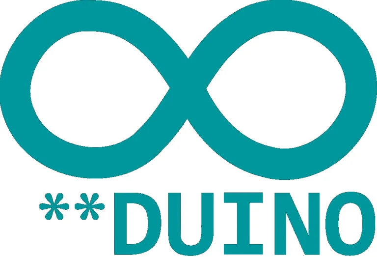 Tyrkysový symbol nekonečna nad nápisem *DUINO na bílém pozadí