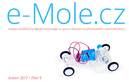 Logo e-Mole a ilustrace malého robotického vozítka s koly