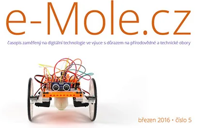 Hlavička časopisu e-Mole.cz s ilustrací malého robotického vozítka