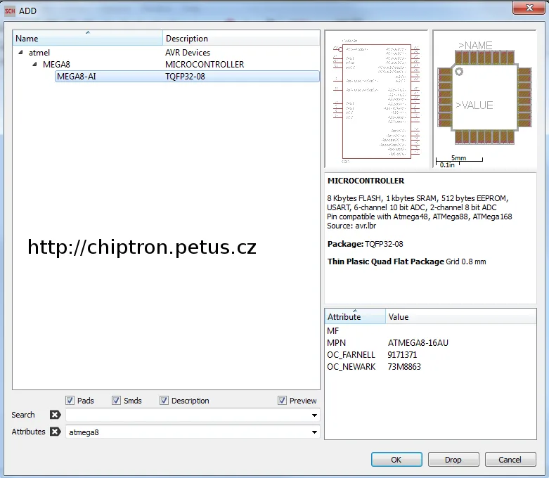 Dialog Add v Eagle 7 zobrazuje vyhledaný mikrokontrolér ATmega8 podle atributu