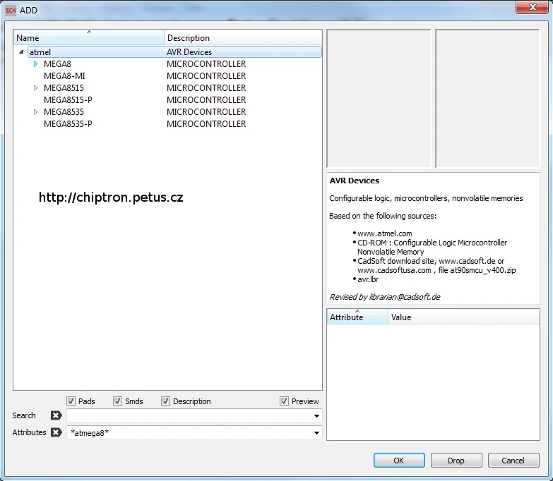 Dialog Add v Eagle 7 zobrazuje výsledky hledání součástek a jejich atributy