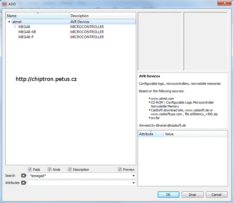 Dialog Eagle 7.0 pro vyhledávání součástek, zobrazuje mikrokontroléry ATmega
