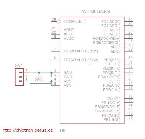 Schéma v Eagle propojuje napájecí vývody mikrokontroléru AVR-MEGA8-AI s konektorem a zemí