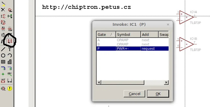 Dialog Eagle CAD pro přidání napájecích vývodů operačního zesilovače