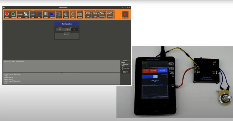 Okno programu EasyTerm vedle zařízení s displejem propojeného s elektronickým modulem