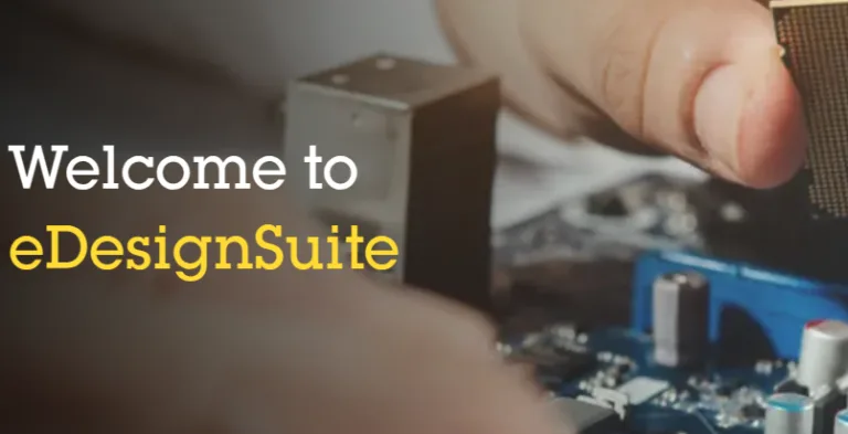 Nápis Welcome to eDesignSuite překrývá záběr ruky a elektronické desky