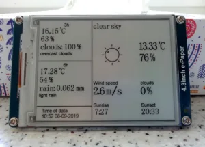 ePaper displej meteostanice zobrazuje aktuální počasí, teplotu, vlhkost a předpověď